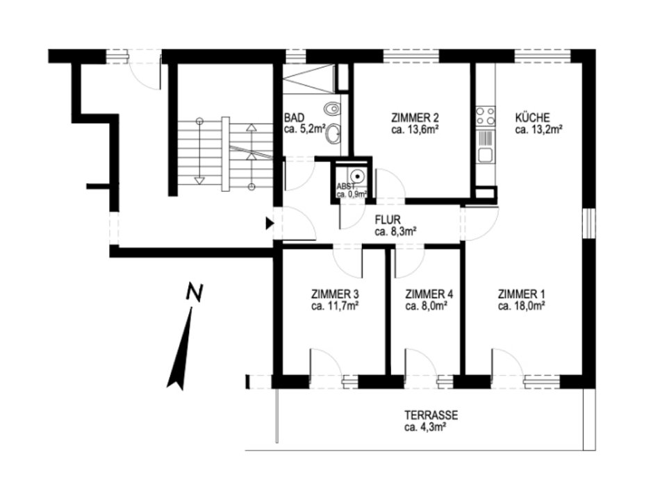 Grundriss einer Beispiel 4-Zimmer-Wohnung