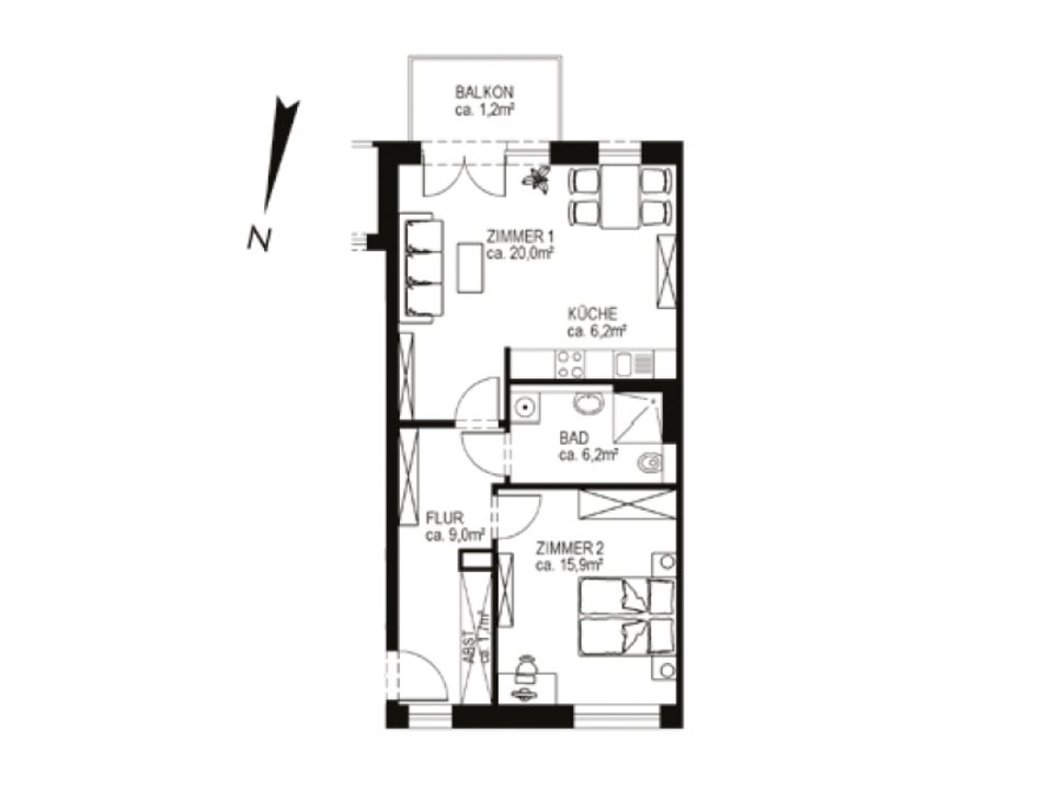 Grundriss einer 2-Zimmer-Wohnung
